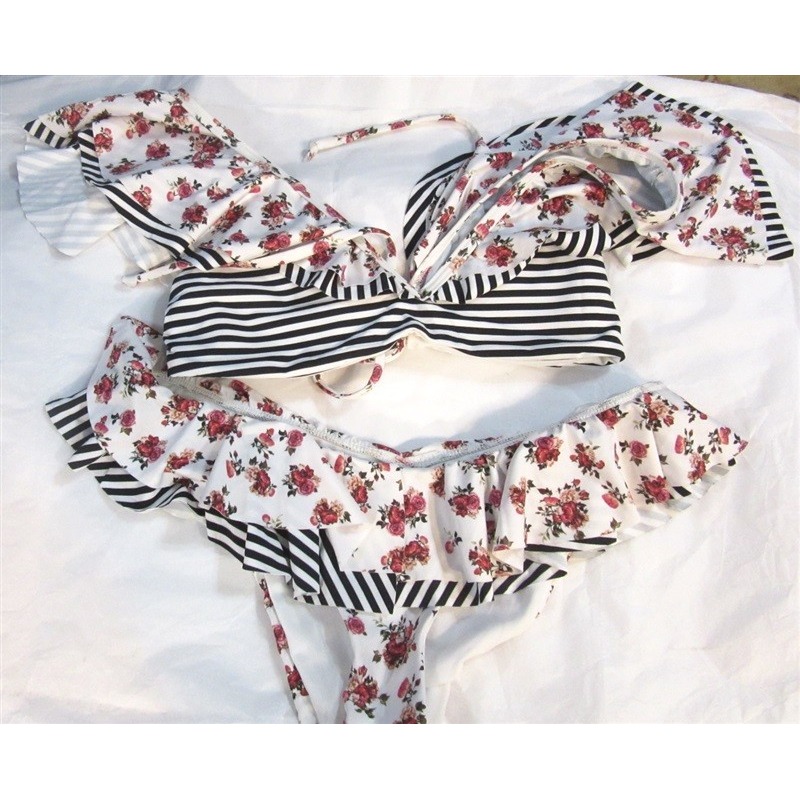 Nwot Basta M Striped Floral Multi Arm Cuff Ruffle Flounce Bikini 98504